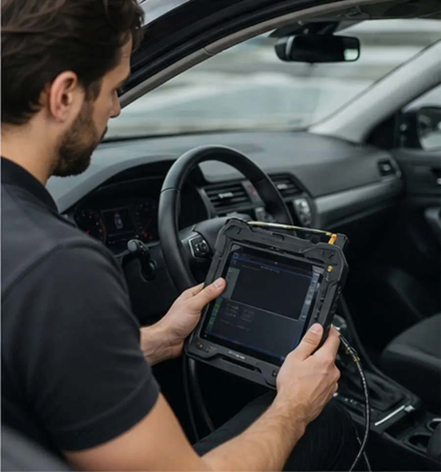 Fahrzeugdiagnose mit Tablet im Innenraum